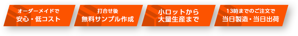 オーダーメイド安心・低コスト、打合わせ後無料サンプル作成、小ロットから大量生産まで、13時までのご注文で当日製造・当日出荷